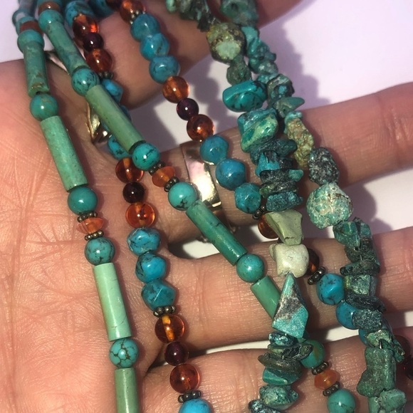 𝅺vtg Sajen 925 Turquoise & Amber Beaded Multi Strand Necklace 16” + 2” Extender - Picture 6 of 8